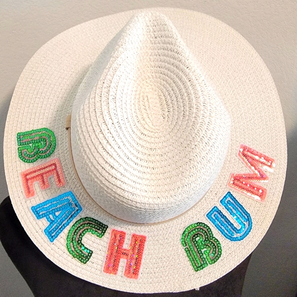 ***SOLD*** Straw Beach Bum Sequin Patch Summer Hat White NEW
